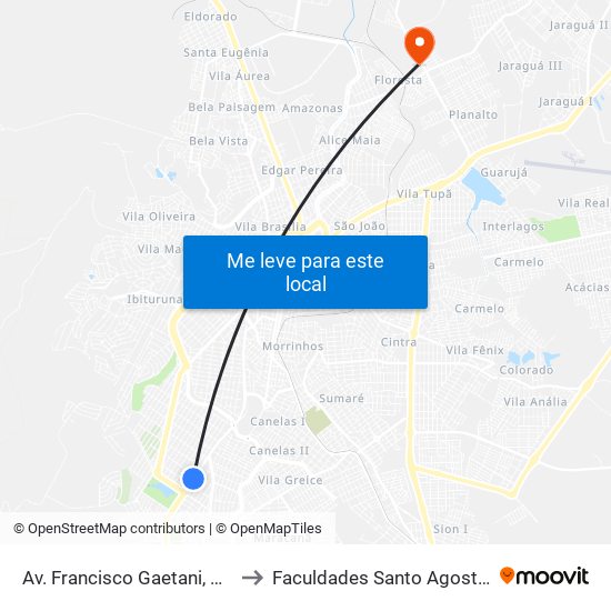 Av. Francisco Gaetani, 1326 to Faculdades Santo Agostinho map