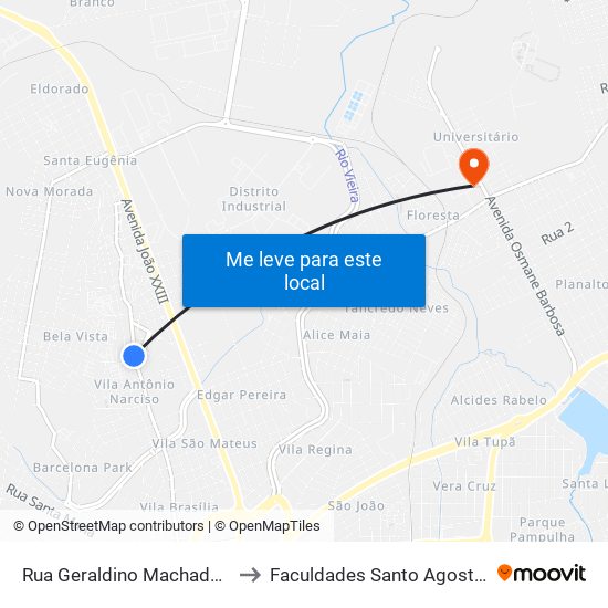 Rua Geraldino Machado, 69 to Faculdades Santo Agostinho map