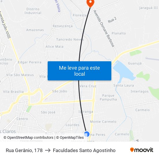 Rua Gerânio, 178 to Faculdades Santo Agostinho map