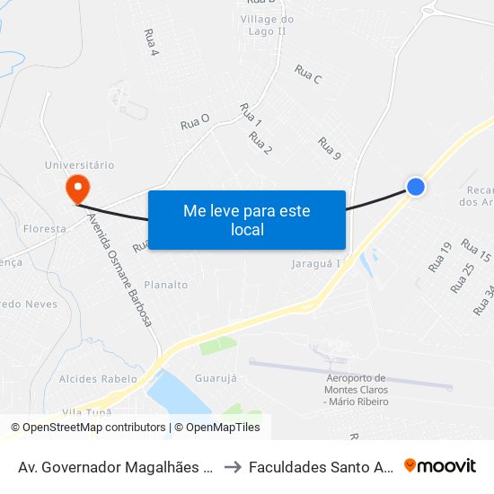 Av. Governador Magalhães Pinto, 6355 to Faculdades Santo Agostinho map