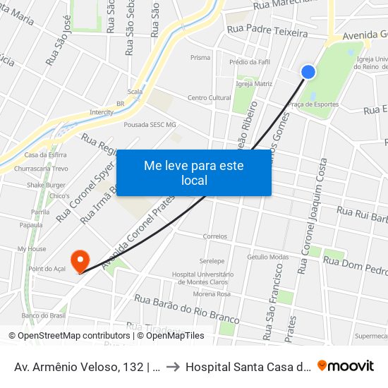 Av. Armênio Veloso, 132 | Praça De Esportes to Hospital Santa Casa de Montes Claros map