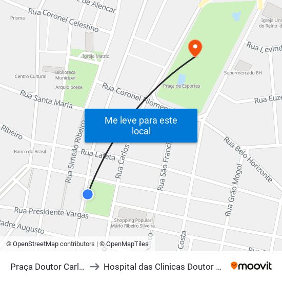 Praça Doutor Carlos Versiani, 20 to Hospital das Clinicas Doutor Mario Ribeiro da Silveira map