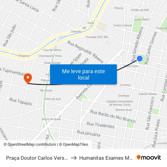 Praça Doutor Carlos Versiani, 20 to Humanitas Exames Médicos map