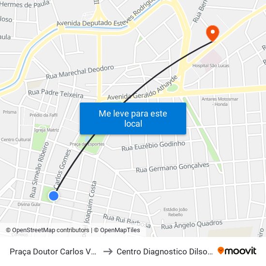 Praça Doutor Carlos Versiani, 51 to Centro Diagnostico Dilson Godinho map