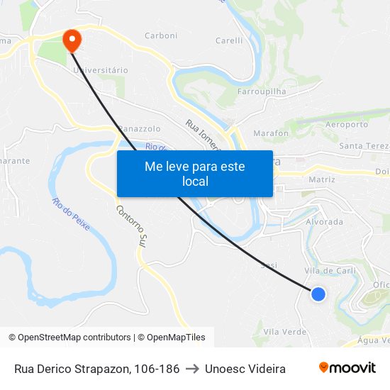 Rua Derico Strapazon, 106-186 to Unoesc Videira map