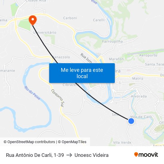 Rua Antônio De Carli, 1-39 to Unoesc Videira map