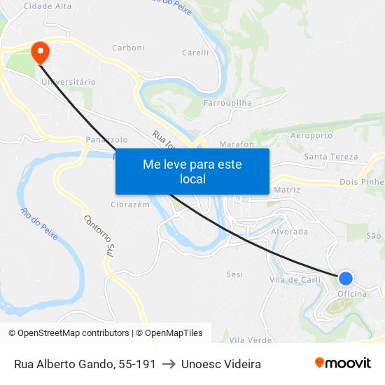Rua Alberto Gando, 55-191 to Unoesc Videira map