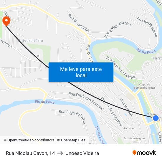 Rua Nicolau Cavon, 14 to Unoesc Videira map