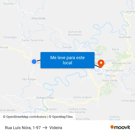 Rua Luís Nóra, 1-97 to Videira map