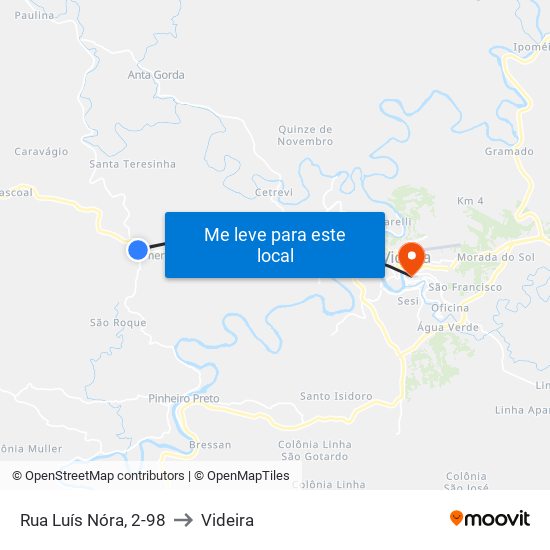 Rua Luís Nóra, 2-98 to Videira map