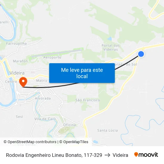 Rodovia Engenheiro Lineu Bonato, 117-329 to Videira map