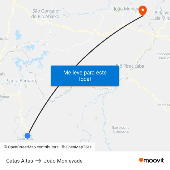 Catas Altas to João Monlevade map