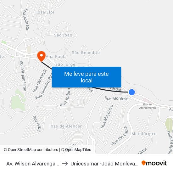 Av. Wilson Alvarenga, 8 to Unicesumar -João Monlevade map
