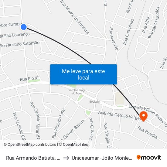 Rua Armando Batista, 482 to Unicesumar -João Monlevade map