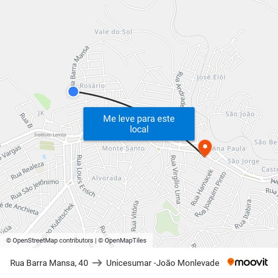 Rua Barra Mansa, 40 to Unicesumar -João Monlevade map