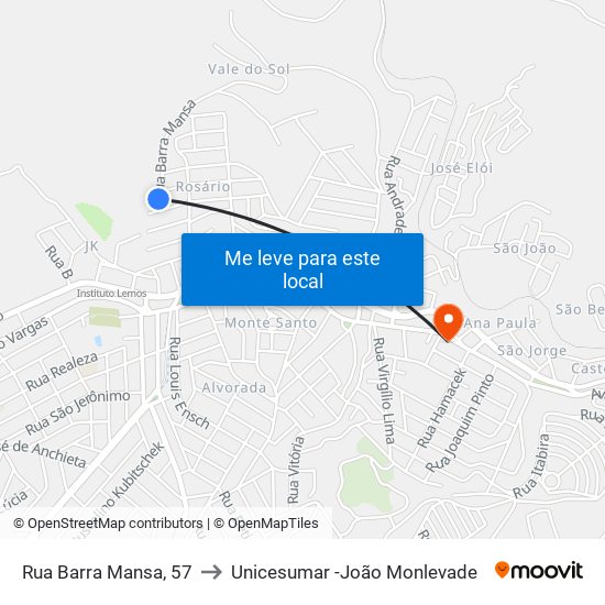 Rua Barra Mansa, 57 to Unicesumar -João Monlevade map