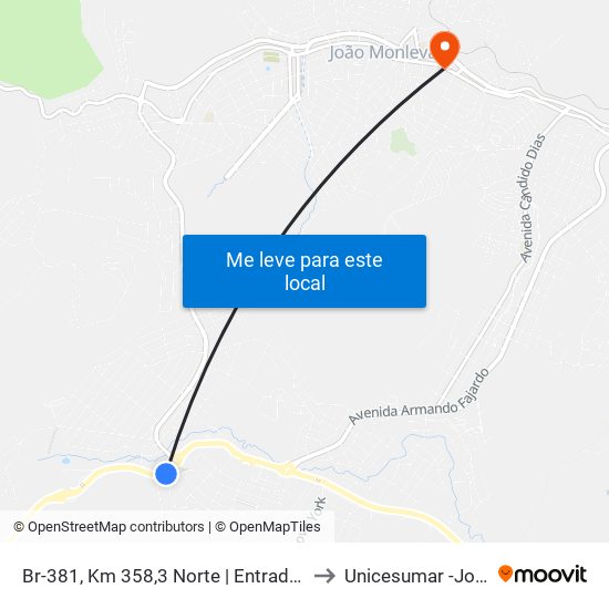 Br-381, Km 358,3 Norte | Entrada Do Bairro Santo Hipólito to Unicesumar -João Monlevade map