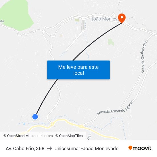 Av. Cabo Frio, 368 to Unicesumar -João Monlevade map