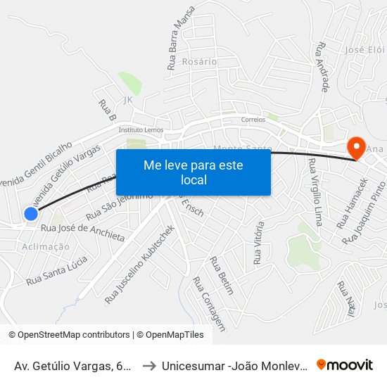 Av. Getúlio Vargas, 6665 to Unicesumar -João Monlevade map