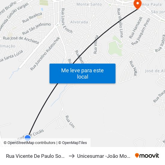 Rua Vicente De Paulo Soares, 52 to Unicesumar -João Monlevade map