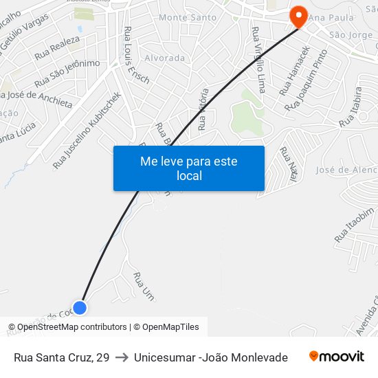 Rua Santa Cruz, 29 to Unicesumar -João Monlevade map