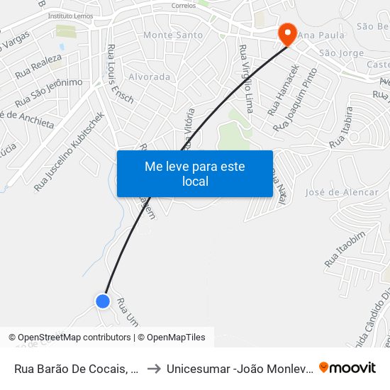 Rua Barão De Cocais, 875 to Unicesumar -João Monlevade map