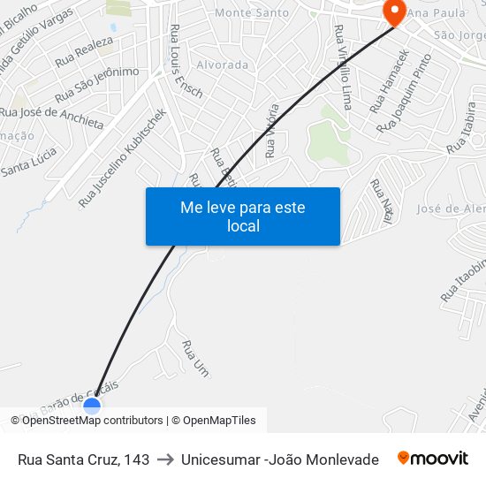 Rua Santa Cruz, 143 to Unicesumar -João Monlevade map