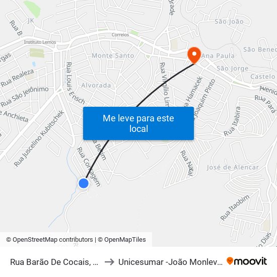 Rua Barão De Cocais, 260 to Unicesumar -João Monlevade map