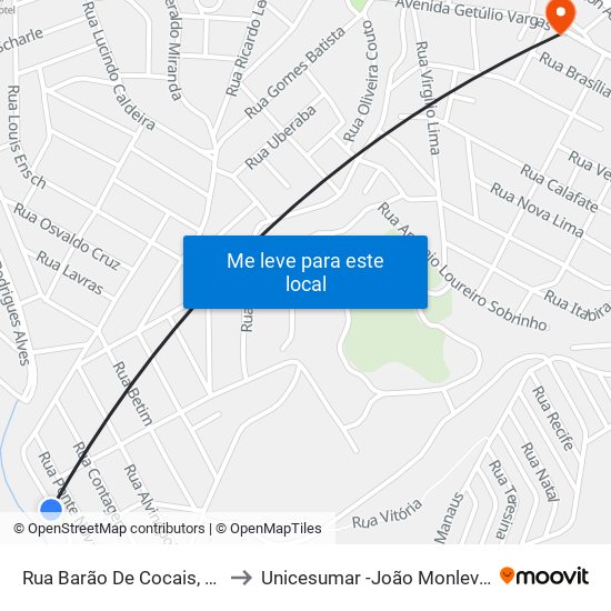 Rua Barão De Cocais, 160 to Unicesumar -João Monlevade map