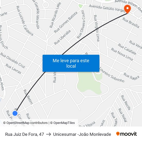 Rua Juiz De Fora, 47 to Unicesumar -João Monlevade map