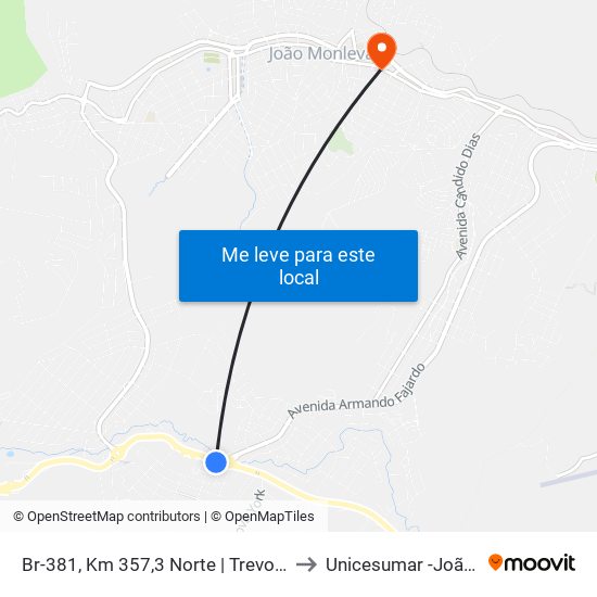 Br-381, Km 357,3 Norte | Trevo Do Cruzeiro Celeste to Unicesumar -João Monlevade map