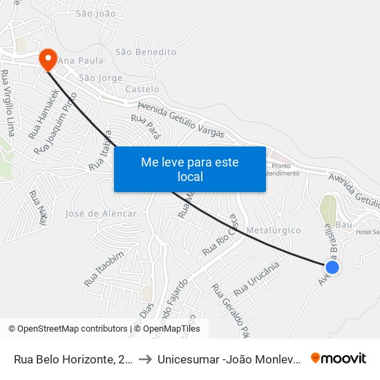 Rua Belo Horizonte, 289 to Unicesumar -João Monlevade map