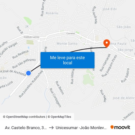 Av. Castelo Branco, 316 to Unicesumar -João Monlevade map