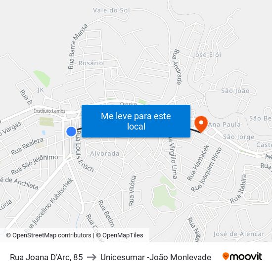 Rua Joana D’Arc, 85 to Unicesumar -João Monlevade map