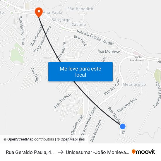 Rua Geraldo Paula, 470 to Unicesumar -João Monlevade map