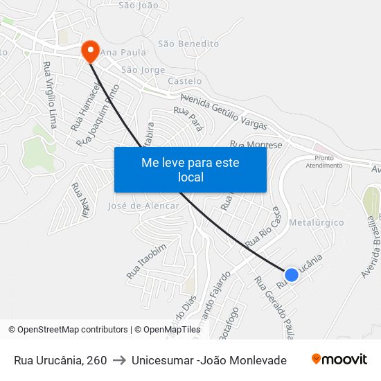 Rua Urucânia, 260 to Unicesumar -João Monlevade map