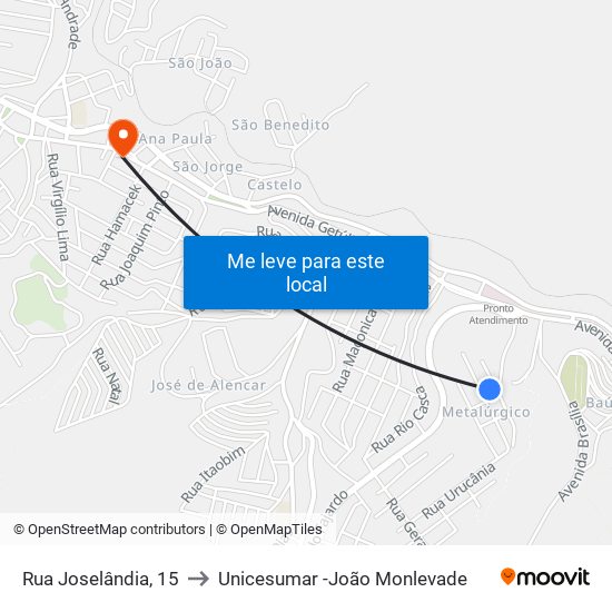 Rua Joselândia, 15 to Unicesumar -João Monlevade map