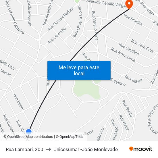 Rua Lambari, 200 to Unicesumar -João Monlevade map