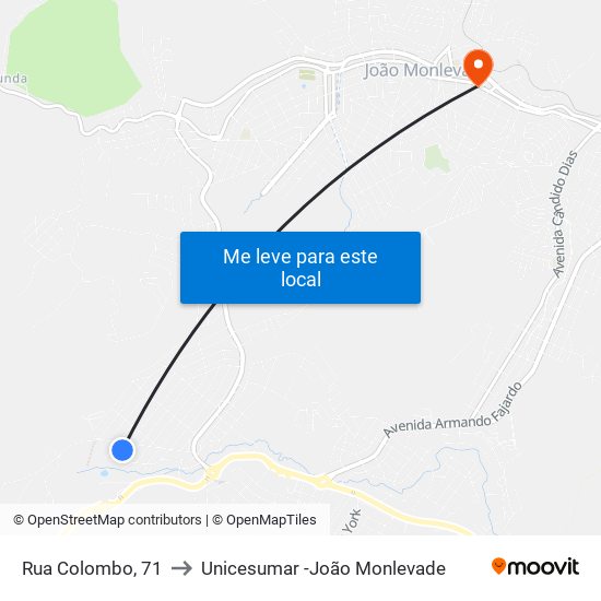 Rua Colombo, 71 to Unicesumar -João Monlevade map