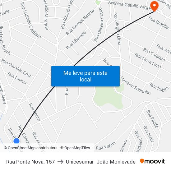 Rua Ponte Nova, 157 to Unicesumar -João Monlevade map