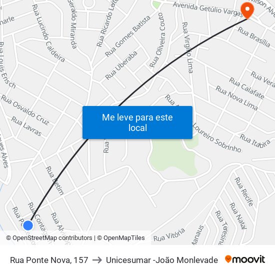 Rua Ponte Nova, 157 to Unicesumar -João Monlevade map