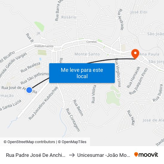 Rua Padre José De Anchieta, 140 to Unicesumar -João Monlevade map