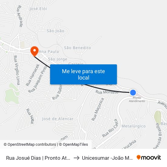 Rua Josué Dias | Pronto Atendimento to Unicesumar -João Monlevade map