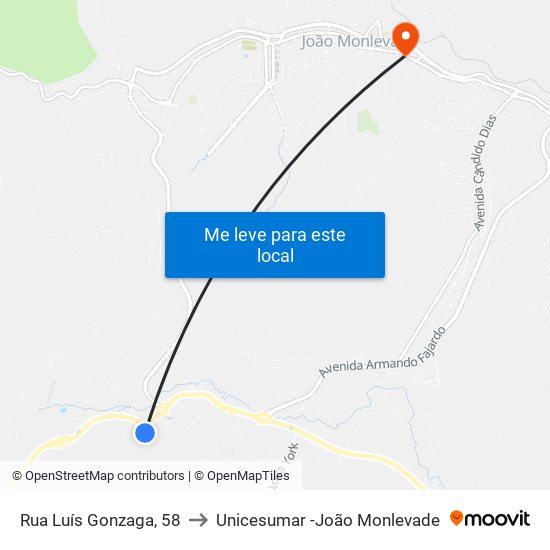 Rua Luís Gonzaga, 58 to Unicesumar -João Monlevade map