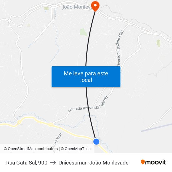 Rua Gata Sul, 900 to Unicesumar -João Monlevade map