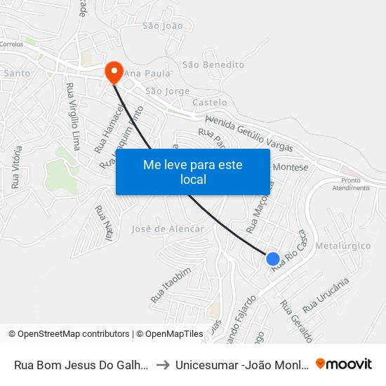 Rua Bom Jesus Do Galho, 760 to Unicesumar -João Monlevade map