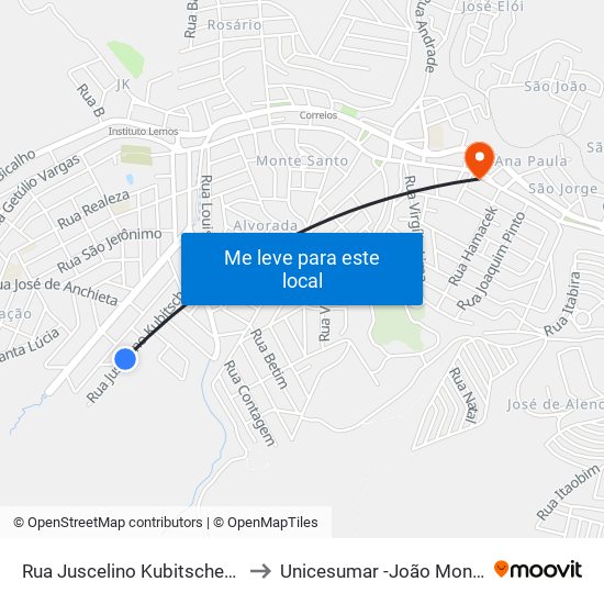 Rua Juscelino Kubitscheck, 414 to Unicesumar -João Monlevade map