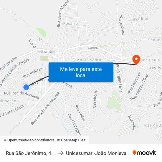 Rua São Jerônimo, 459 to Unicesumar -João Monlevade map