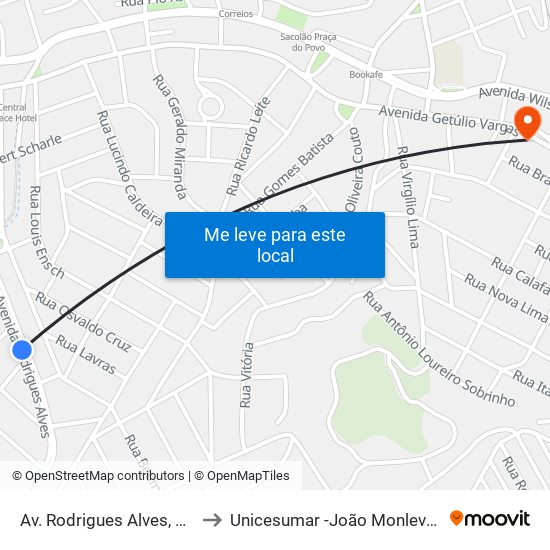 Av. Rodrigues Alves, 200 to Unicesumar -João Monlevade map