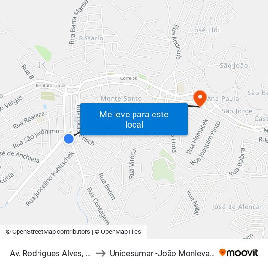 Av. Rodrigues Alves, 45 to Unicesumar -João Monlevade map